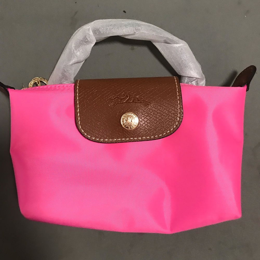 Longchamp Hot Pink Cosmetic Pouch with Brown Trim and Gold Snap